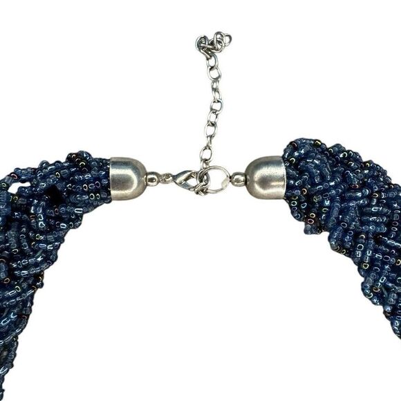 BRAIDED MULTI-STRAND BLUE SEED BEAD CHOKER NECKLACE - COSTUME JEWELRY VTG 1980's - Picture 2 of 5